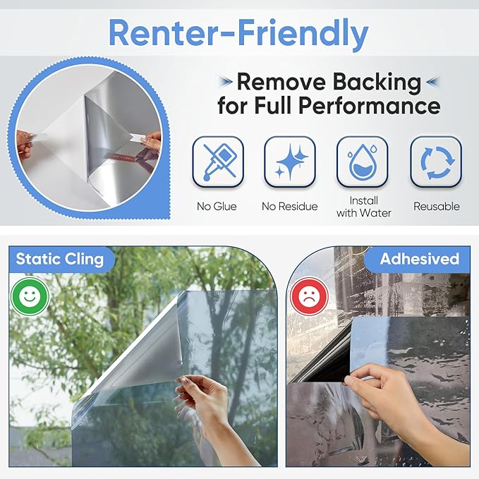 SUNBABY Window Tint for Home, One Way Privacy Film Heat & UV Blocking, Static Cling No Glue Renter Friendly Cover for Home Bedroom, Office & Sliding Glass Door, 35.4 x 78.7 Inch with 3 Tools, Silver