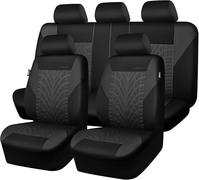 CAR PASS Car Seat Covers Full Sets, Front & Split Rear Bench for Car, 3D Tyre Embossed Automotive Interior Covers, Airbag Com