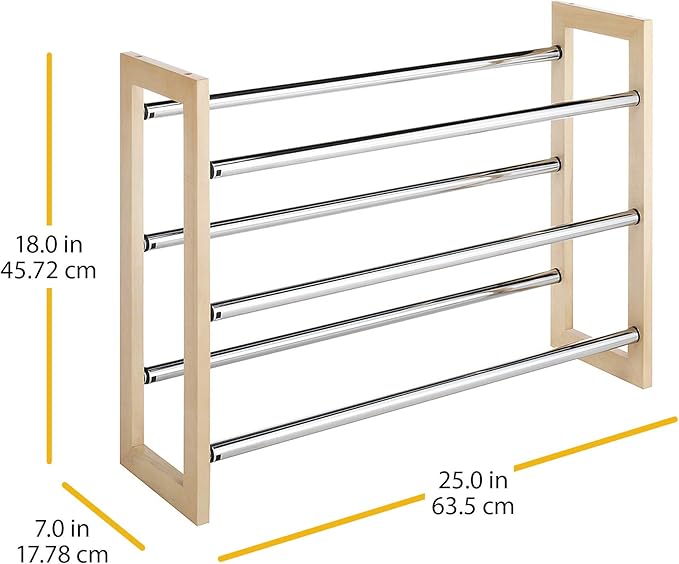 Whitmor 3 Tier Expandable Shoe Rack -Stackable - Natural Wood and Chrome