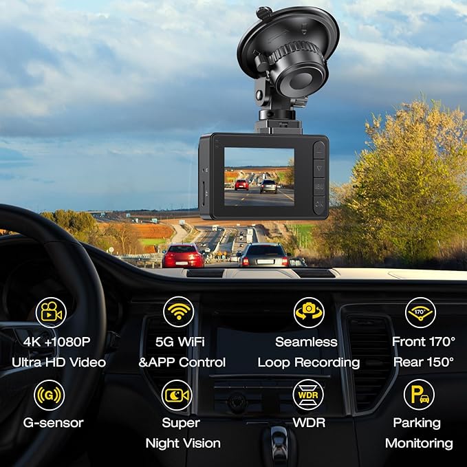 4K Dash Cam Front Rear, Dual Channel Dash Cams with 64GB Card 4K+1080P, Dash Camera for Cars with 5G WiFi, APP Control,2.0" I