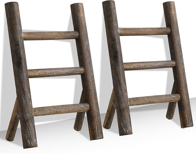 Cinnvoice 2 Pcs Wooden Tea Towel Ladder Rustic Hand Towel Stand Rack Mini Countertop Towel Stand Farmhouse Wood Counter Towel