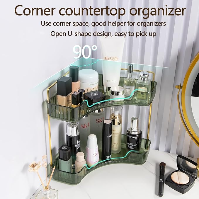 shuang qing 2-Tier Corner Bathroom Counter Organizer – Storage Shelf for Makeup, Perfume & Skincare, Space-Saving Countertop 