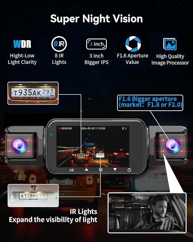 4 Channel Dash Cam Front and Rear Cabin, 360° Dash Camera ，Night Vision 8 IR Lamps Dash Camera for Cars, 5G WiFi for Download