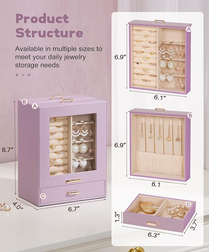Homde Jewelry Organizer Girls Women Jewelry Box for Necklaces Rings Earrings Gift Bracelets Storage Case (Grey Purple + Gold)