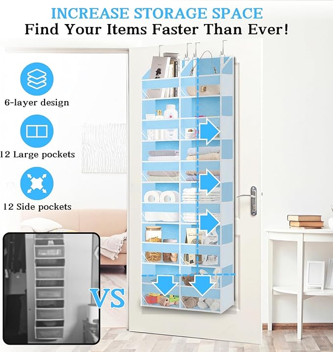 Over The Door Organizer 6 Tiers, Extra Large Behind Door Storage of 12 Compartments, 80 lbs Weight Capacity Hanging Storage O
