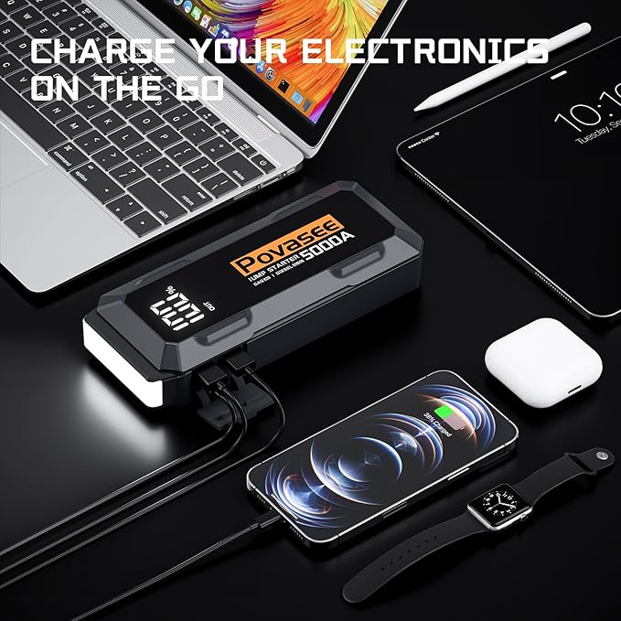 Povasee Car Battery Jump Starter 5000A Jump Box (All Gas/10L Diesel) Portable Car Jump Starter Battery Pack, 12V Jumper