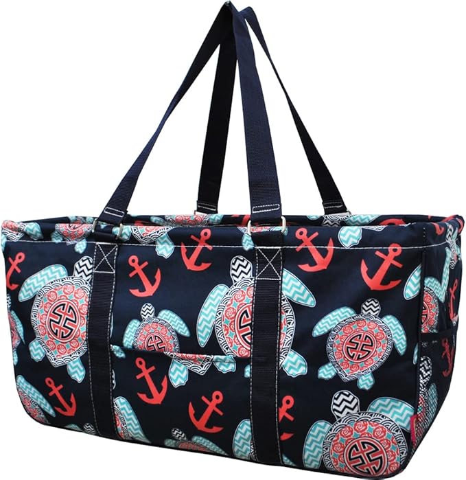 NGIL Extra Large Utility Tote Reusable Grocery Bag Oversized Collapsible for Groceries, Storage, Picnic, Beach (Sea Turtle Anchor Print-navy)