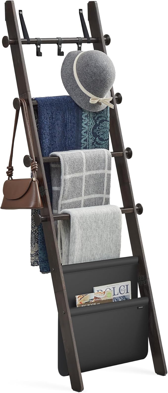 VASAGLE Blanket Ladder for Living Room, 5-Tier Wooden Ladder Shelf, Decorative Farmhouse Blanket Rack with Synthetic Leather 