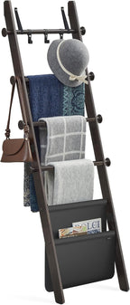 VASAGLE Blanket Ladder for Living Room, 5-Tier Wooden Ladder Shelf, Decorative Farmhouse Blanket Rack with Synthetic Leather 