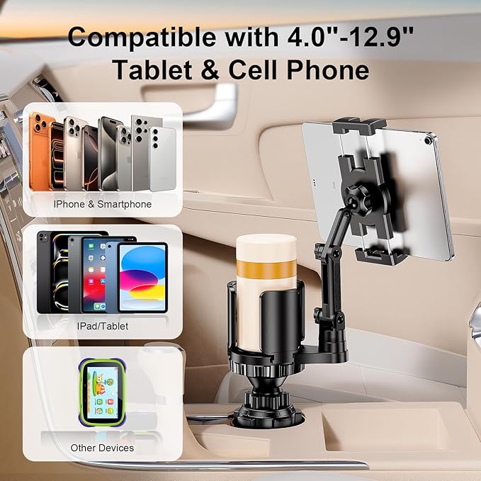 Tablet Holder for Car, 3 in 1 Cup Holder ipad Car Mount with Expander, Adjustable Base and Long Arm with 360°Rotation Phone ipad Holder Compatible for 4-12.9‘’ Tablet, All Smartphones and Most Bottles
