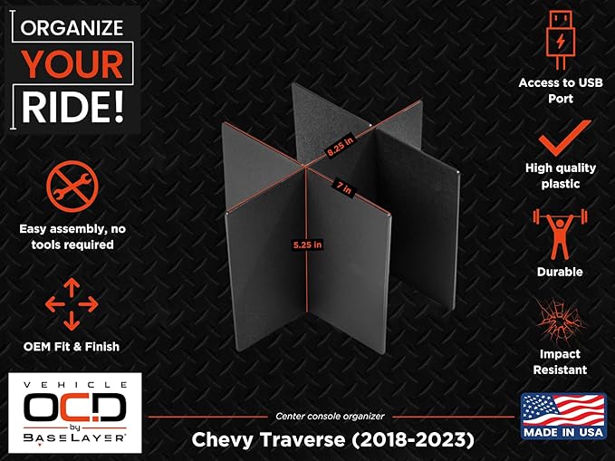 Vehicle OCD - Center Console Organizer for Chevy Traverse (2018-2023) - Made in USA - SLX168