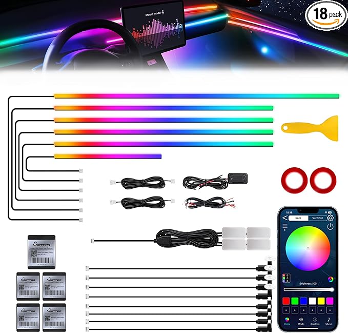 Dreamcolor Acrylic Interior Car LED Strip Light with Wireless APP, Dual Zone RGB 18 in 1 with 175 inches 593 LEDs Fiber Optic Neon Strip Lights for Car, Music Sync Neon Car Ambient Lighting Kits