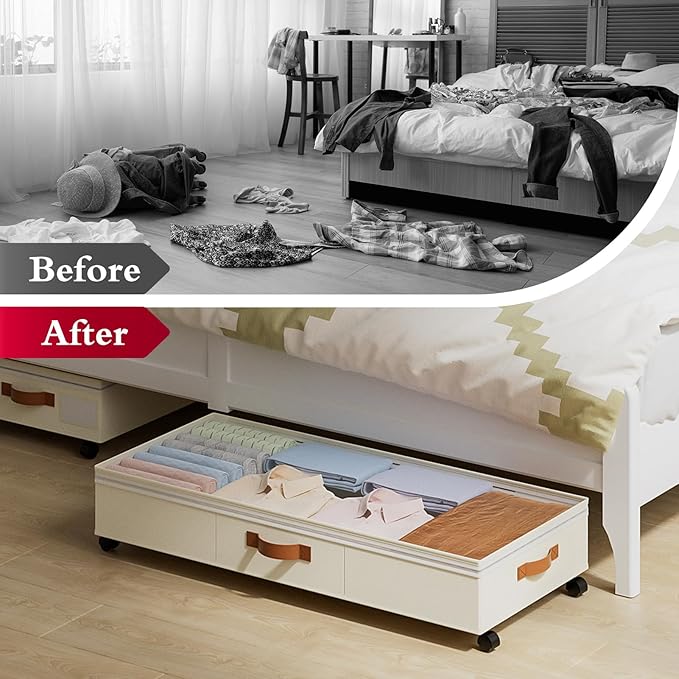 Yecaye Under Bed Storage with Wheels, 65L Under Bed Storage Containers with Adjustable Dividers & Clear Lid, Rolling Underbed