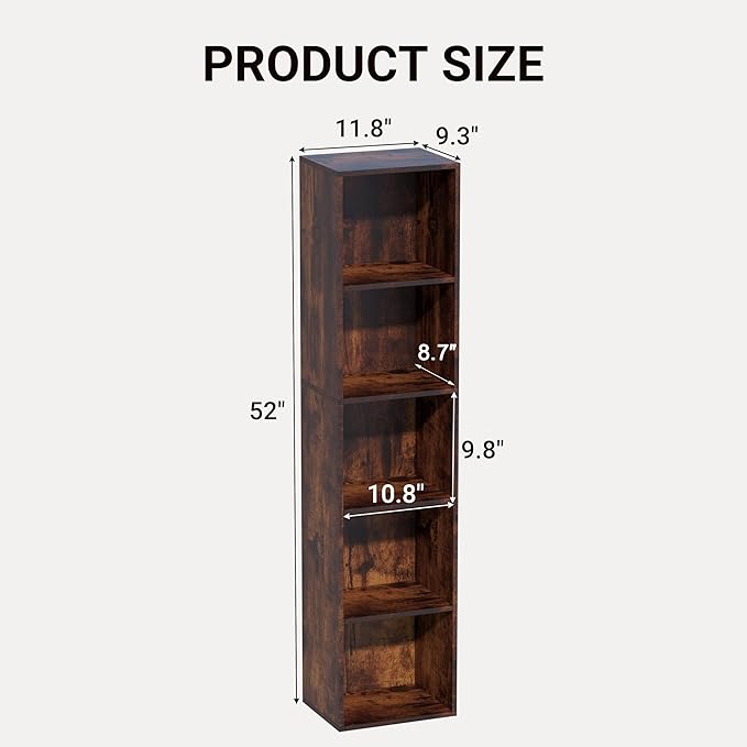 Book Shelf, 5 Cube Storage Organizer, Open Shelves Bookcase 9.3" x 11.8" x 52", Bookshelf for Living Room, Bedroom, Home Offi