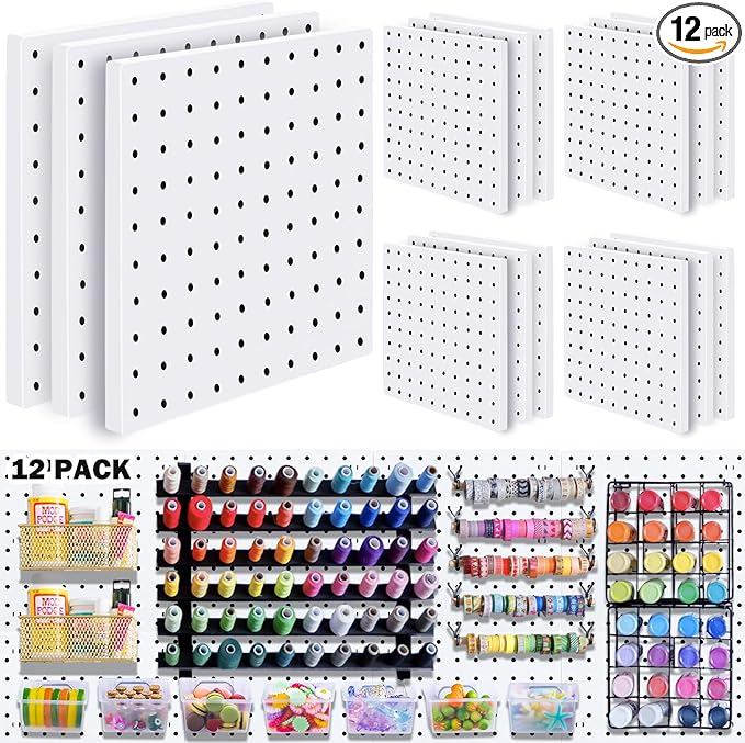 12Pcs Pegboard, Pegboard Wall Organizer, Peg Boards for Walls Craft Room, Pegboard Kits fit Garage Kitchen Workshop, Small Pe