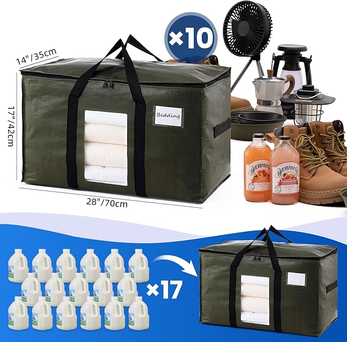 TAILI 10 Pack Green Extra Large Storage Bags, Heavy Duty Totes with Visible Window, Wrap Around Handles, Perfect for Moving