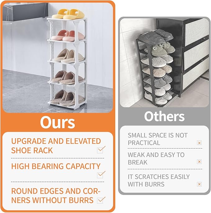 5 Tiers Shoe Rack Organizer for Closet Shoe Holder Storage Narrow Plastic Vertical, Free Standing Shoe Rack Shelf for Entrywa