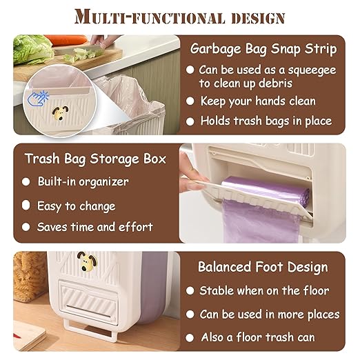Hanging Trash Can for Kitchen Cabinet Door, 2.64 Gallon Kitchen Trash Can with Space-Saving Design, Collapsible Garbage Can for Kitchens,Cabinet Door, Bathroom, RV, Car & Camping