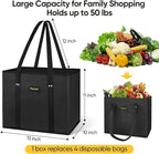 BALEINE 3Pk Reusable Grocery Bags, Foldable Shopping Bags for Groceries with Reinforced Bottom & Handles (Black)
