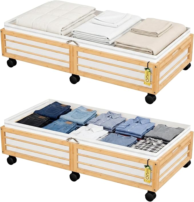 Under Bed Storage Containers with Wheels, Larger Bamboo Wood Under Furniture Storage Containers with Dust Bags，Rolling for Sh