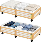 Under Bed Storage Containers with Wheels, Larger Bamboo Wood Under Furniture Storage Containers with Dust Bags，Rolling for Sh