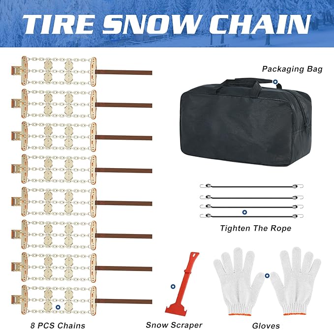 LILYPELLE Upgraded Snow Chains 8 Pack, Tire Chains for Cars/SUVs/Pickup Trucks, Emergency Anti Slip Tire Traction Chains for 