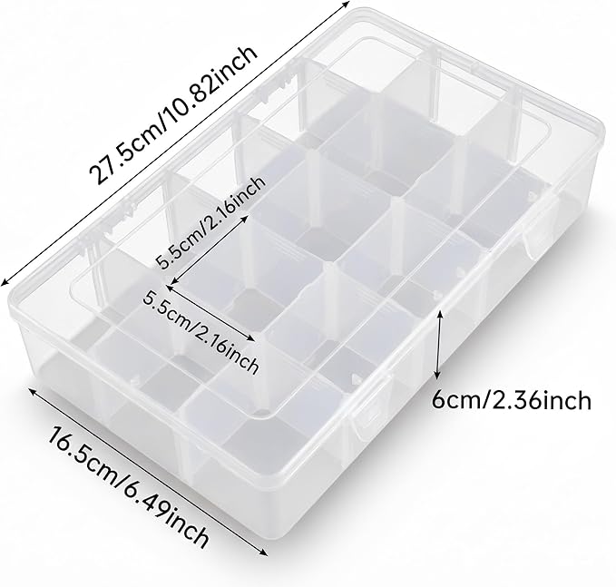 Umirokin 2 Pack 15 Grids Clear Plastic Organizer Box with Adjustable Dividers, Craft Storage Containers for Jewelry, Beads, S