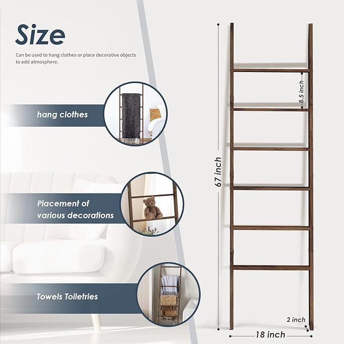 Acacia Wood 6-Tier Blanket Ladder, 5.7FT(66.5'') Blanket Quilt Towel Holder Rack Decorative Ladder Wooden, Easy Assembly, Rus