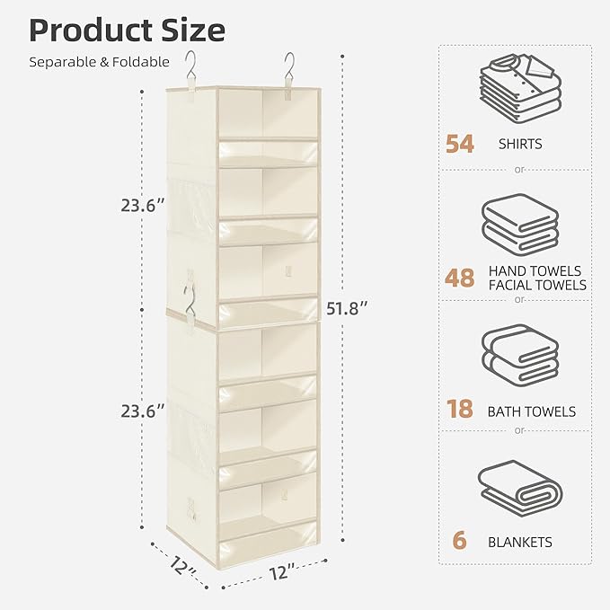STORAGE MANIAC 6-Shelf Hanging Closet Organizer and Storage, 2 Separable 3-Shelf Haning Organizers for Closet, Collapsible Ha