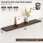 48" Rustic Elm Floating Shelves - Solid Wood Live Edge with Invisible Brackets, Wall Mounted Shelf for Living Room, Kitchen &
