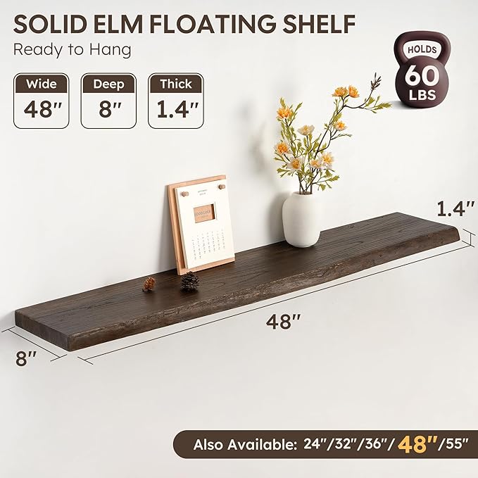 48" Rustic Elm Floating Shelves - Solid Wood Live Edge with Invisible Brackets, Wall Mounted Shelf for Living Room, Kitchen &
