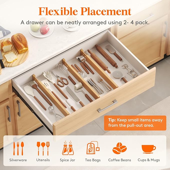 Lifewit 2.4" High 6 Pack Bamboo Drawer Dividers 45-55cm/17.5-22" Adjustable Wooden Drawer Organizer for Clothes/Utensils, Exp