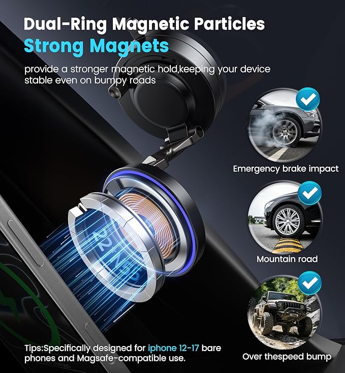 for MagSafe Car Mount Charger 15W Fast Wireless Charging Magnetic Car Phone Holder, 82+LBS Strongest Suction, 3200gf Strongest Magnetic,360°Rotatable Stand for iPhone 17-12 Pro Max Plus Air