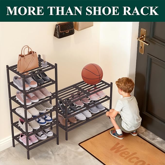 Smiry Small Bamboo Shoe Rack 3-Tier, Stackable Wooden Shoe Organizer for Entryway & Closet, Free Standing Wood Shoe Storage S