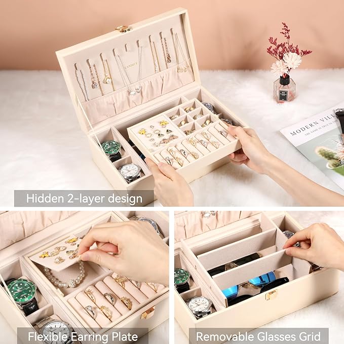 LANDICI Jewelry Box Organizer for Men Women, 2 Layer 4 Slot Watch Storage Case with Removable Tray, PU Leather Large Jeweller