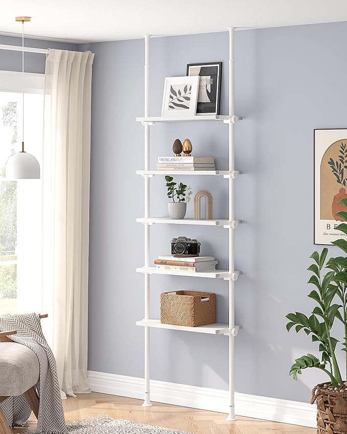 ALLZONE 5 Tiers Narrow Bookshelf, Tall Adjustable Ladder Book Shelf with Open Storage, Floor to Ceiling Tension Mount, Wooden