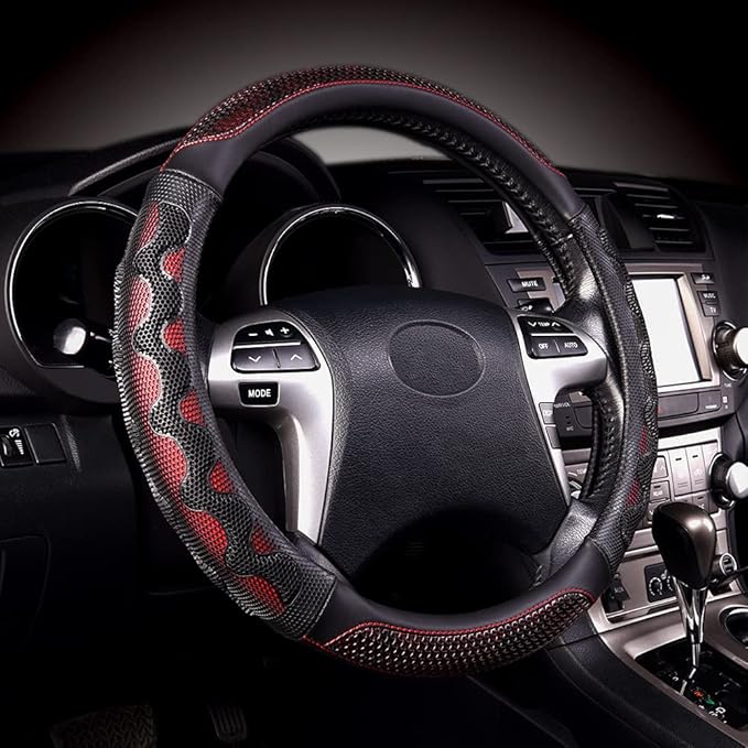 Flying Banner car Steering Wheel Cover Faux Leather Massage Universal fit 3D Honeycomb Hole Anti-Slip Sporty 15 Inches (Red w