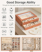 AKOZLIN Jewelry Box with Clear Lid Functional Leather Jewelry Storage Organizer Case 2 Drawers for Women Girls Necklace Ring 
