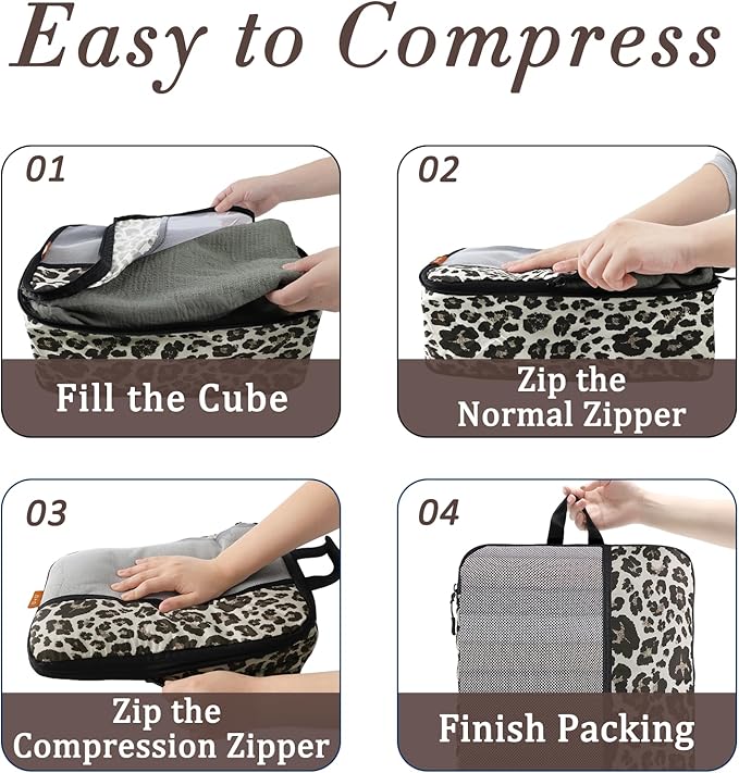 U+U 10 Set Compression Packing Cubes - Ultralight Leopard Travel Organizers with Laundry Bag, Space-Saving Suitcase Organizer