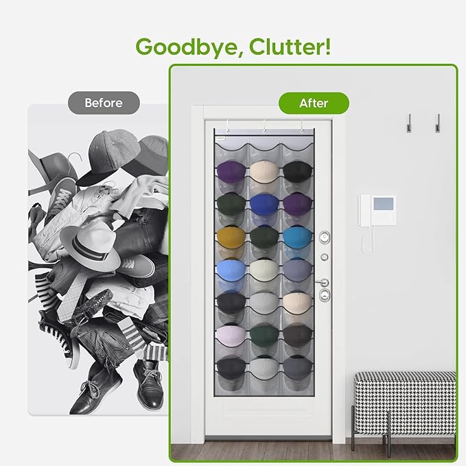 Unjumbly Baseball Hat Rack, 24 Pocket Over-The-Door Hat Organizer with Clear Deep Pockets to Display Baseball Caps Collection