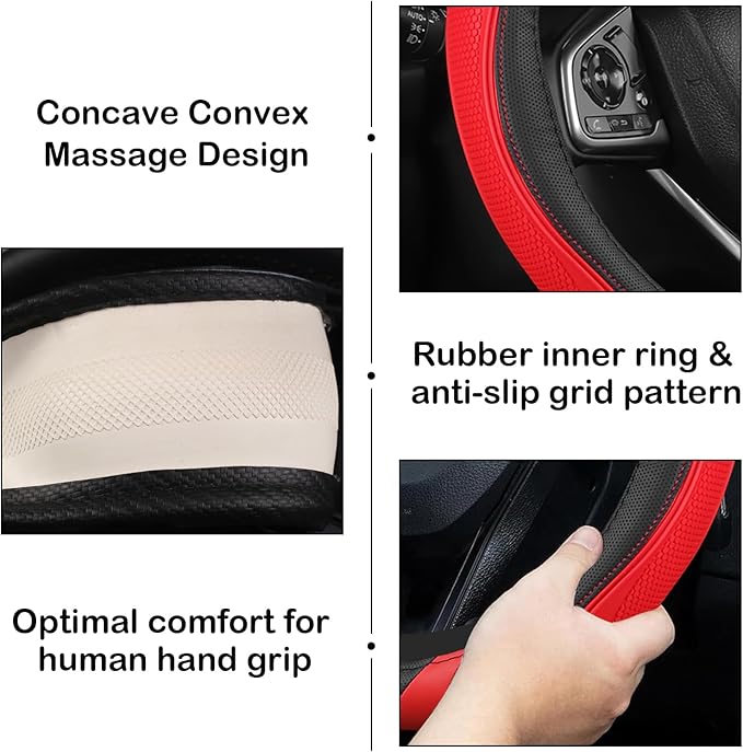 Concave Convex Massage Black Red Microfiber Leather Steering Wheel Cover, 14.5-15 Inch Non-Slip Breathable Microfiber Car Ste