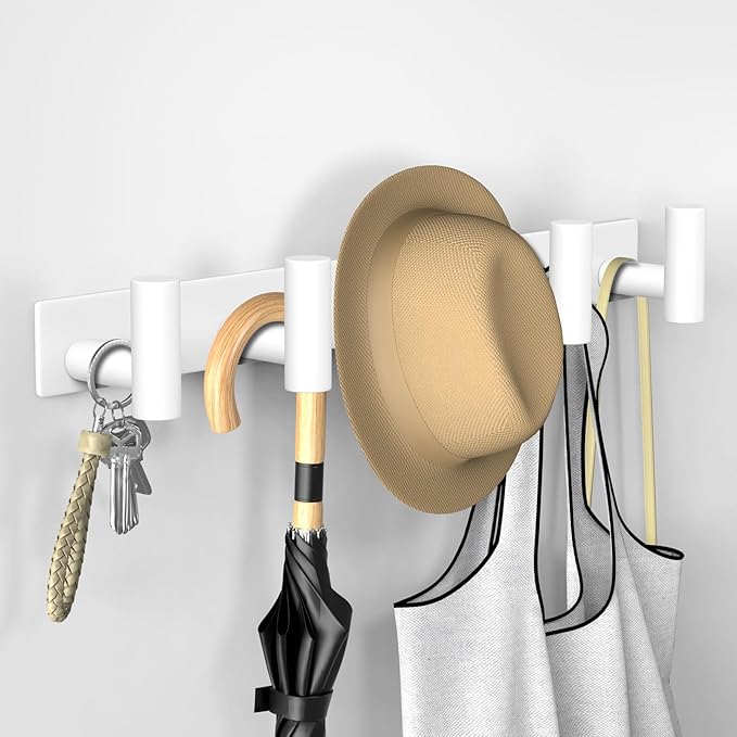 VAEHOLD Hat and Coat Wall Mount Rack - Hooks for Robes, Bags, Keys, and Towels - Bathroom Towel Hanger Organizer (White, “T“ 