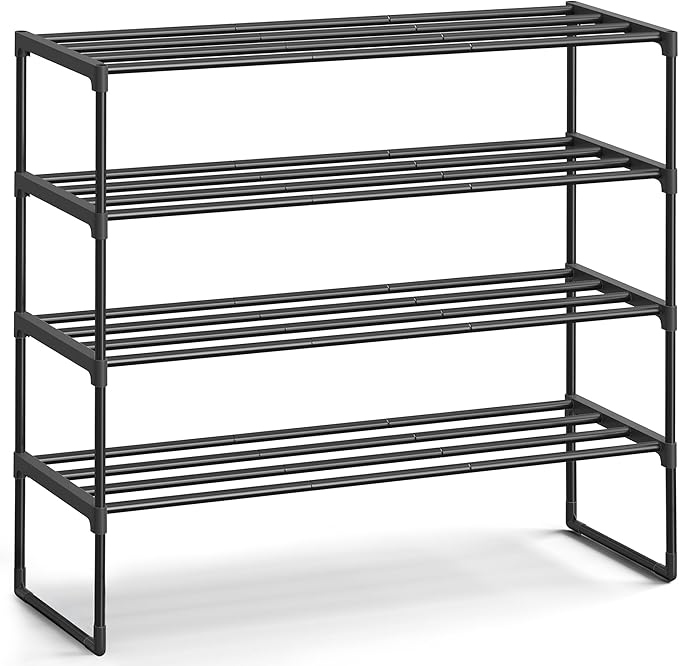 SONGMICS Shoe Rack, 4-Tier Shoe Organizer, Metal Storage Shelf, Upright or Upside Down, for 20-25 Pairs, Stackable, for Entry