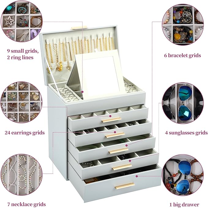 BOOVO Jewelry Boxes for Women, White and Black 6 Layer Large Jewelry Box for Necklace, Bracelet, Earrings, Rings Storage, Jew