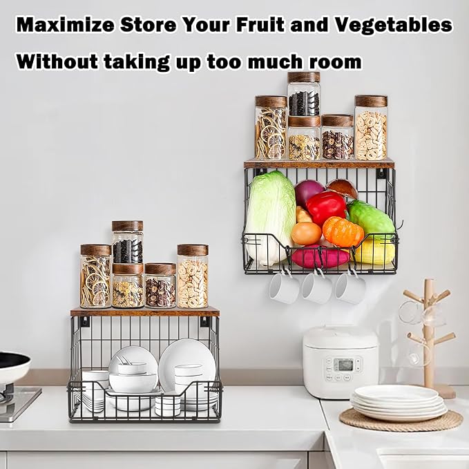 Livabber Fruit Basket for Kitchen, Metal Fruit Vegetable Storage Bin with 2 Banana Hangers, Countertop Wire Basket Organizer 