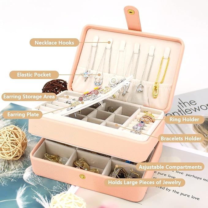 KOOAAICCHI Small Jewelry Box, Travel Jewelry Organizer, Portable Jewelry boxes for Women Girls Gift, Double Layers PU Leather