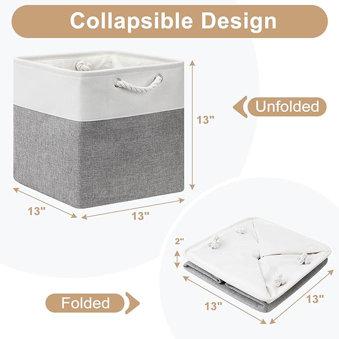 13x13 Storage Cube Bins 4Pack,Collapsible Cube Storage Organizer for Closet, Fabric Storage Box w/ Rope Handles, Foldable Sto