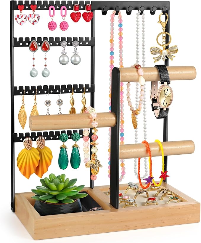 Godboat Jewelry Holder Organizer, 4-Tier Earring Holder with 48 Holes, 6 Hooks Necklace Holder, Removable Bracelet Holder, Gi
