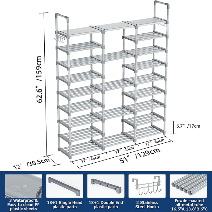 Mavivegue 9 Tiers Tall Shoe Organizer - Vertical Shoe Shelf for 50-55 Pairs, Stackable Racks for Entryway, Closet, Garage - G