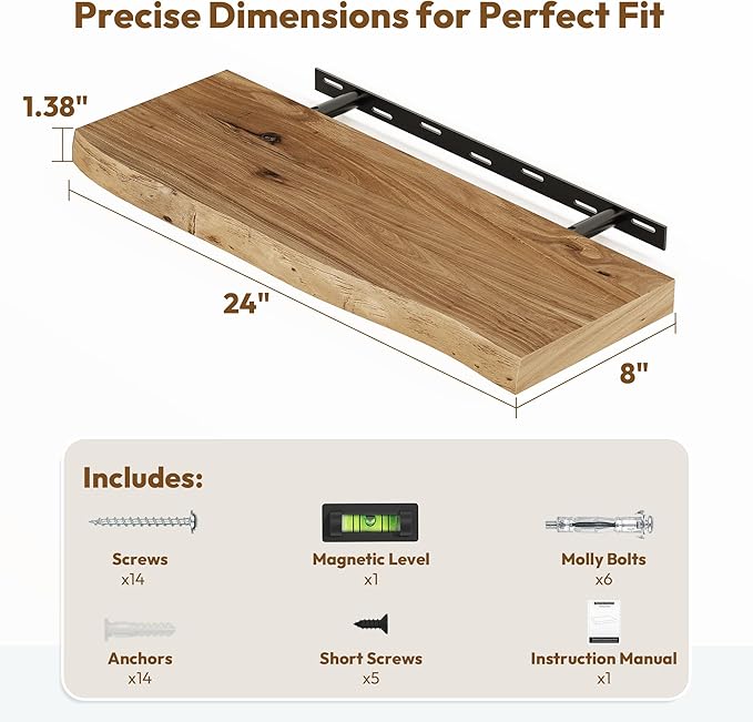 Vivelove Live Edge Floating Shelves 24 inch, Elm Wood Shelf, Rustic Farmhouse Wall Shelf with Invisible Bracket for Living Ro